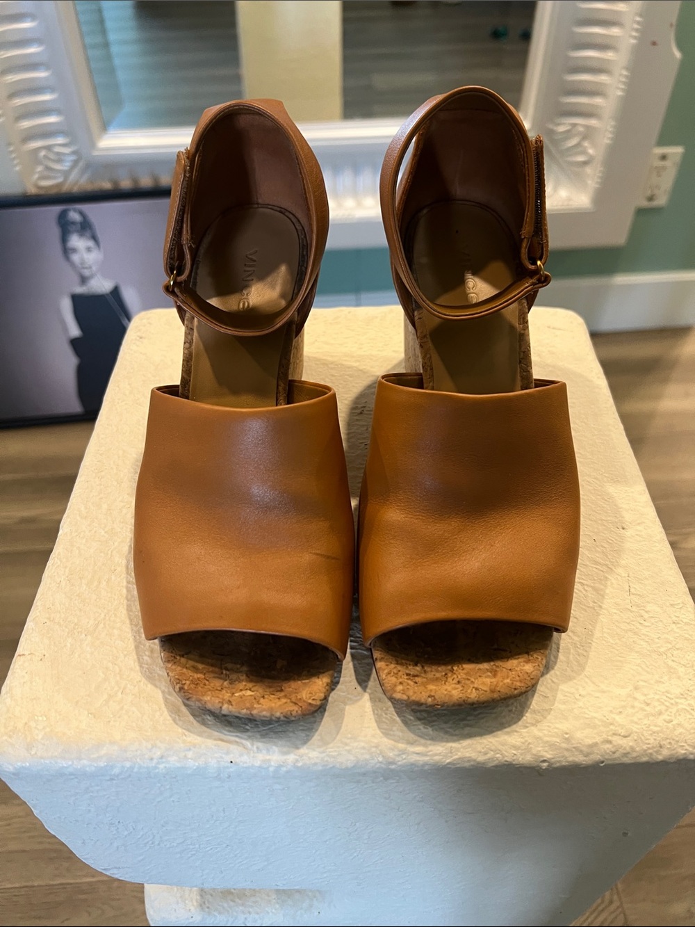 Vince Tan Leather Cork Wedge Sandals